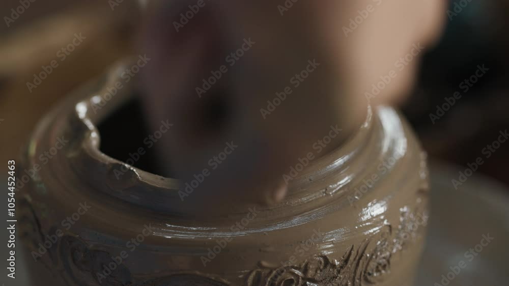Close up hand of unrecognizable person guiding another human's finger to forming even edges of patterned jug before baking. Creator giving master class of making high quality products at studio. Close up hand of unrecognizable person guiding another human's finger to forming even edges of patterned jug before baking. Creator giving master class of making high quality products at studio.