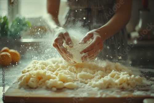 Someone is kning dough onto a wooden board with flour photo