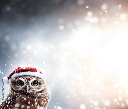 smart christmas owl wearing red santa hat looking directly; concept of shopping smartness & wisdom while online purchases of xmas gifts; funny animal isolated over blank snowy background photo