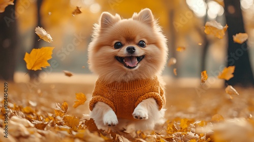 Little dog in autumn leaves