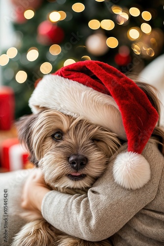 Happy dog in Santa hat being hugged by child, cozy Christmas scene with festive background