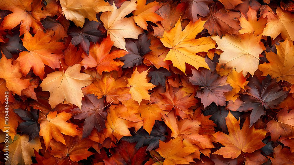 Brown and orange fallen autumn maple leaves lie on ground background Brown and orange fallen autumn maple leaves lie on ground background