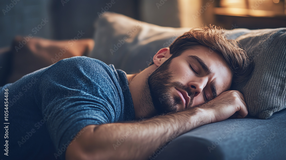 Man lying on a couch, looking drained with his eyes halfclosed, endofday fatigue, rest Man lying on a couch, looking drained with his eyes halfclosed, endofday fatigue, rest