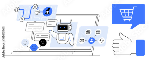 AI chatbot interacting with users via text bubbles, emoticons, and connection symbols on a laptop. Ideal for customer service, e-commerce, online shopping, AI technology, user interaction, digital