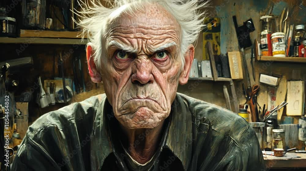 An elderly man with white hair looks at the camera with a stern expression in his workshop An elderly man with white hair looks at the camera with a stern expression in his workshop