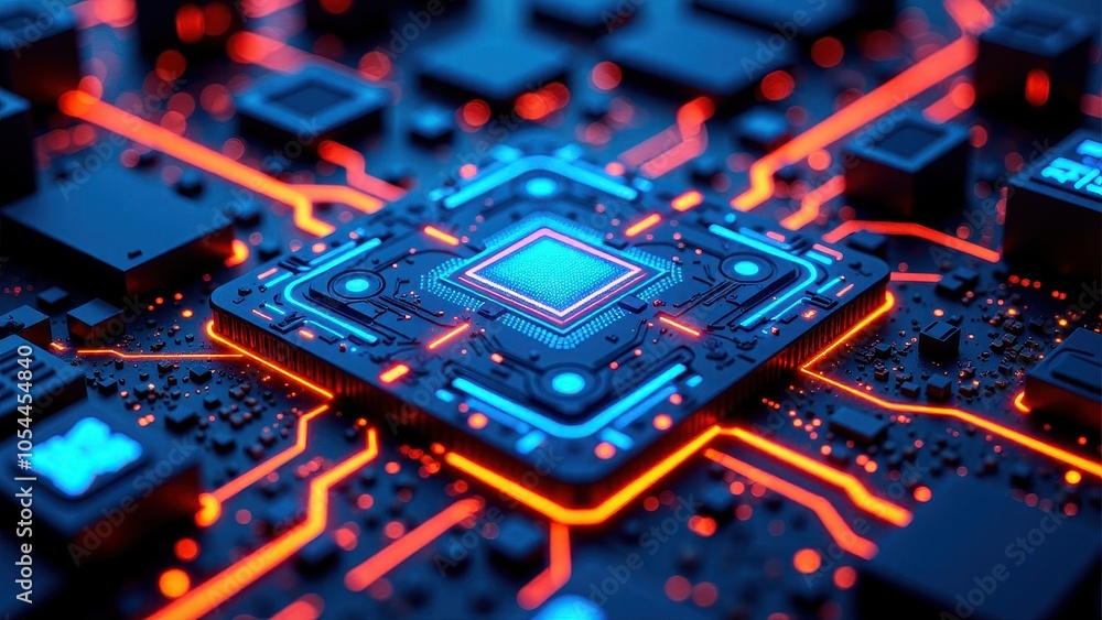 Close up of glowing microchip on circuit board in futuristic setting Close up of glowing microchip on circuit board in futuristic setting