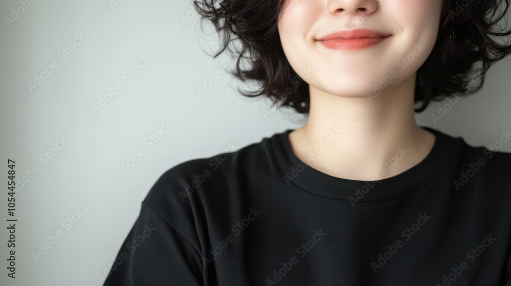 灰色の背景にカジュアルな黒いシャツを着て楽しそうに微笑む陽気なアジア人女性 灰色の背景にカジュアルな黒いシャツを着て楽しそうに微笑む陽気なアジア人女性