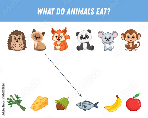 What do animals eat? Find the right picture. Educational game for children. Cute cartoon animals and their food. Vector illustration