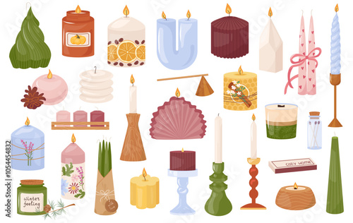 Set of various candles flat vector illustration Scented candlelight with flames exudes cozy relax atmosphere Aromatherapy, relaxation, home decoration. Wax aromatic candles in candlesticks and holders