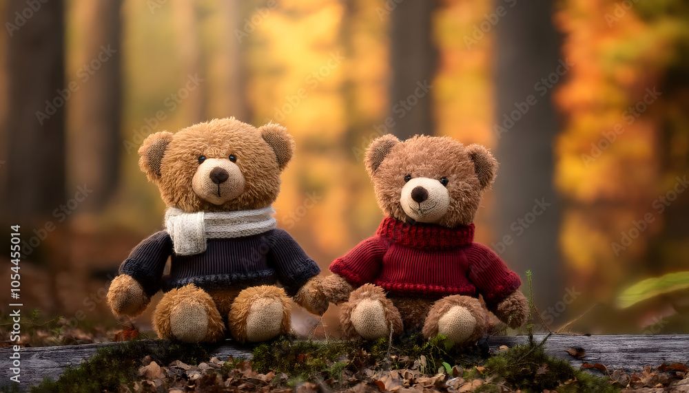 two, bears, teddy, toy, holding, hands, in, forest, fall, teddybears, autumn, animal, stuffed, soft, brown, fluffy, fur, plush, waring, wool, pullover, scarf, sunset, Teddys, trees, close up, card, ad two, bears, teddy, toy, holding, hands, in, forest, fall, teddybears, autumn, animal, stuffed, soft, brown, fluffy, fur, plush, waring, wool, pullover, scarf, sunset, Teddys, trees, close up, card, ad