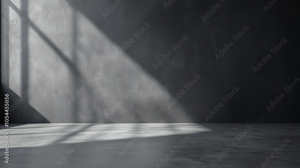 Matte grey. Grey background. Light from a window in a gray empty room Matte grey. Grey background. Light from a window in a gray empty room