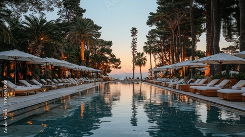 A long, rectangular swimming pool surrounded by palm trees and lounge chairs with white umbrellas at dusk.