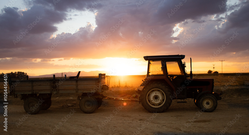 magnificent sunset and tractor view in agricultural field magnificent sunset and tractor view in agricultural field
