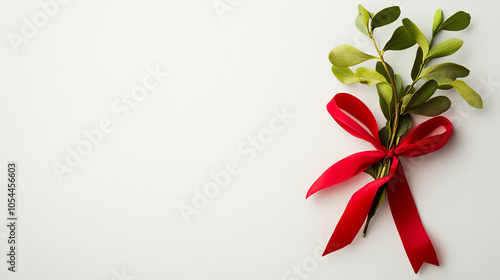 Traditional mistletoe tied with a red ribbon on a plain white background, isolated festive decoration
