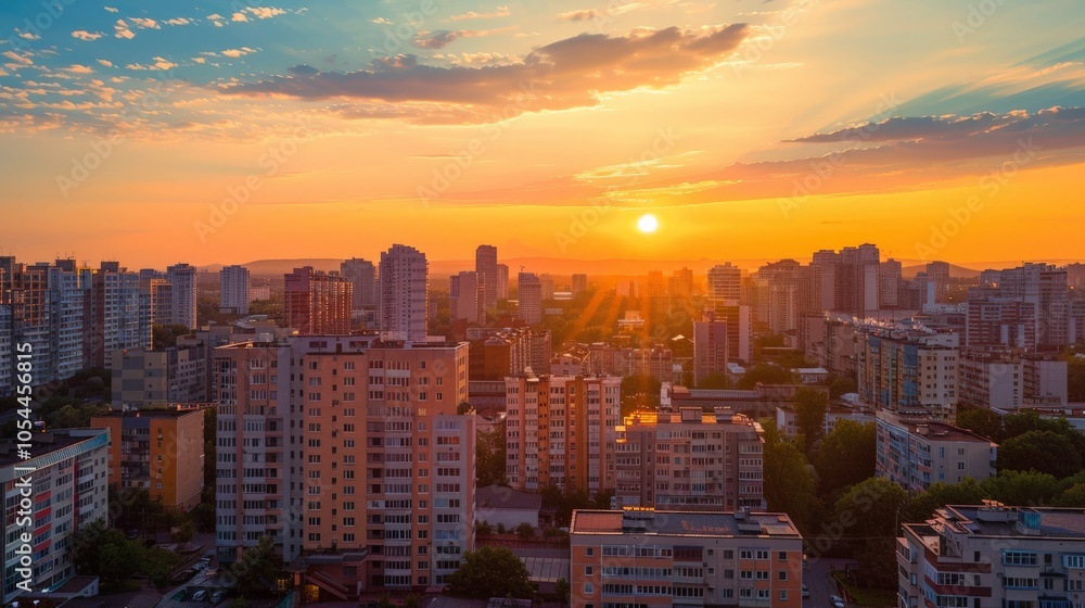 Fototapeta premium Sun setting behind a cityscape, casting a warm glow and long shadows over the buildings