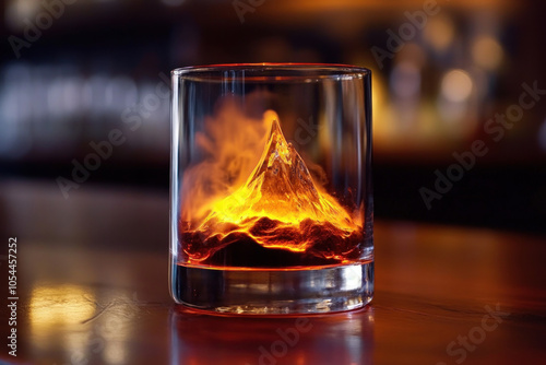 Glass filled with fire on a bar. photo