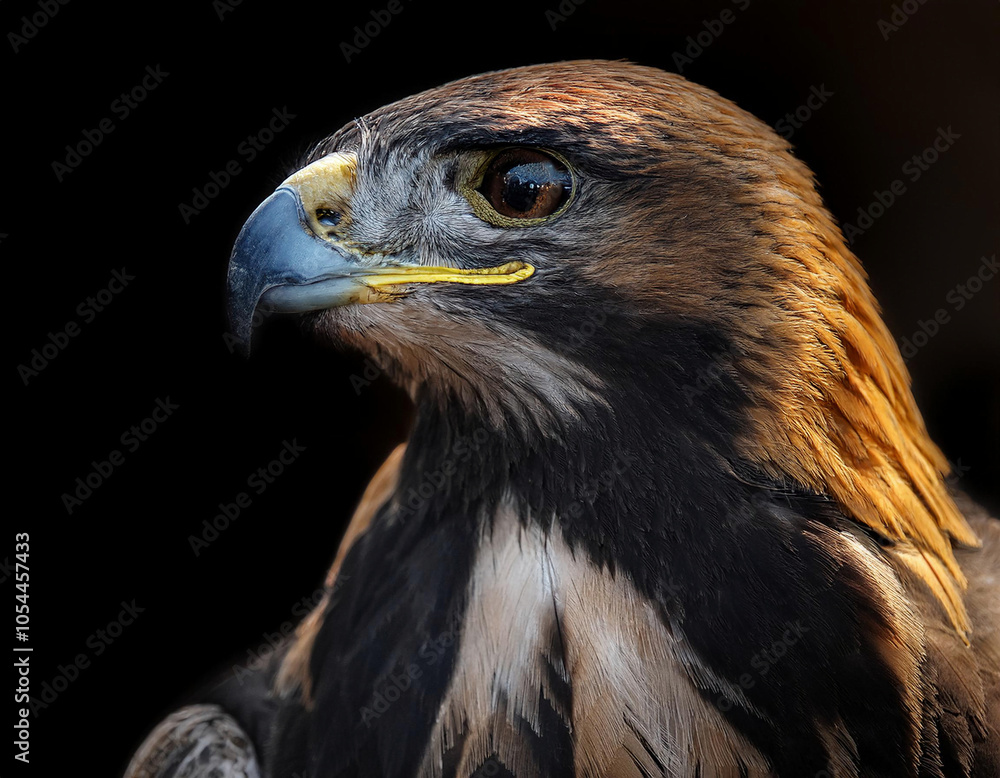 Close-up portrait of a red-tailed hawk (Aquila chrysaetos) in dark background Close-up portrait of a red-tailed hawk (Aquila chrysaetos) in dark background
