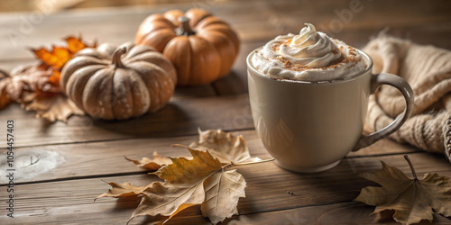 Creamy pumpkin spice latte topped with whipped cream surrounded by pumpkins and autumn leaves