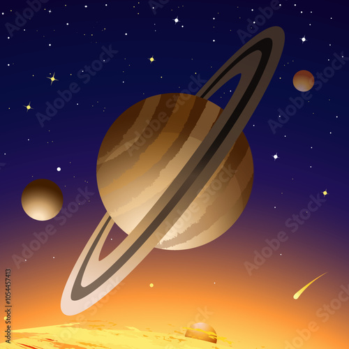 Space themed background. Planet Saturn with its moons in the starry sky, comet and sun. Vector illustration for postcard, poster, book cover. Gradient.