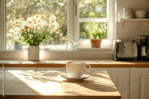 home interior design, a cappuccino on the kitchen island in a bright scandi-inspired kitchen, bathed in light from a large window