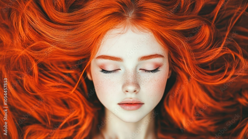 Obraz premium A young woman with long red hair lying down with eyes closed, surrounded by glowing red strands, symbolizing beauty and serenity.