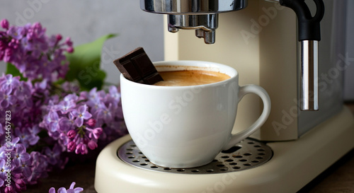 Coffee cup with chocolate on espresso machine surrounded by lilac flowers