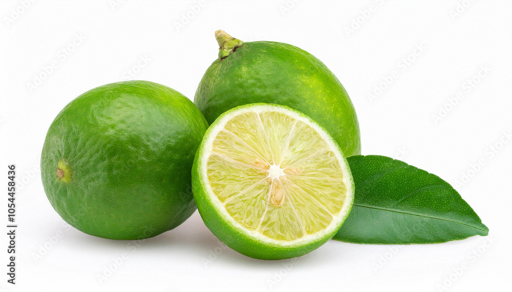 Front view of green lemon fruit with slice or quarter and green leaf is isolated on white background with clipping path. ai generated Front view of green lemon fruit with slice or quarter and green leaf is isolated on white background with clipping path. ai generated