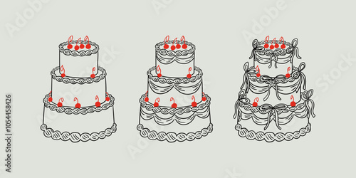 Set of wedding cakes with cherries and bows. Vector hand drawn illustration in sketch style. Retro coquette aesthetic. Holiday clipart for greeting cards and invitations