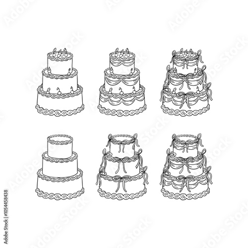 Set of wedding cakes in sketch style. Vector illustration of cakes with bows and cherries. Clipart for greeting cards, invitations, coloring books. Retro coquette aesthetic