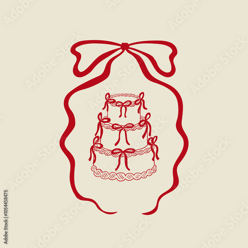 Wedding cake and red ribbon frame. Vector illustration in retro style. Holiday greeting card, invitation template	