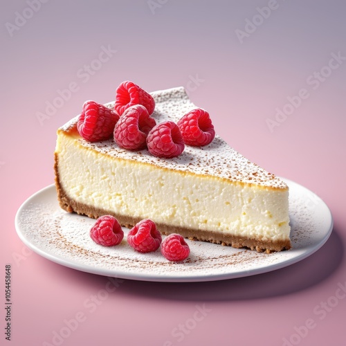 Photorealistic cheesecake slice with raspberries and powdered sugar, vibrant and detailed, great for bakery menus, dessert illustrations, and food marketing