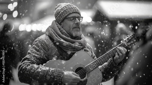 A bearded street musician plays a guitar amid softly falling snow, bundled up in winter gear, creating a cozy and nostalgic winter scene filled with holiday spirit.