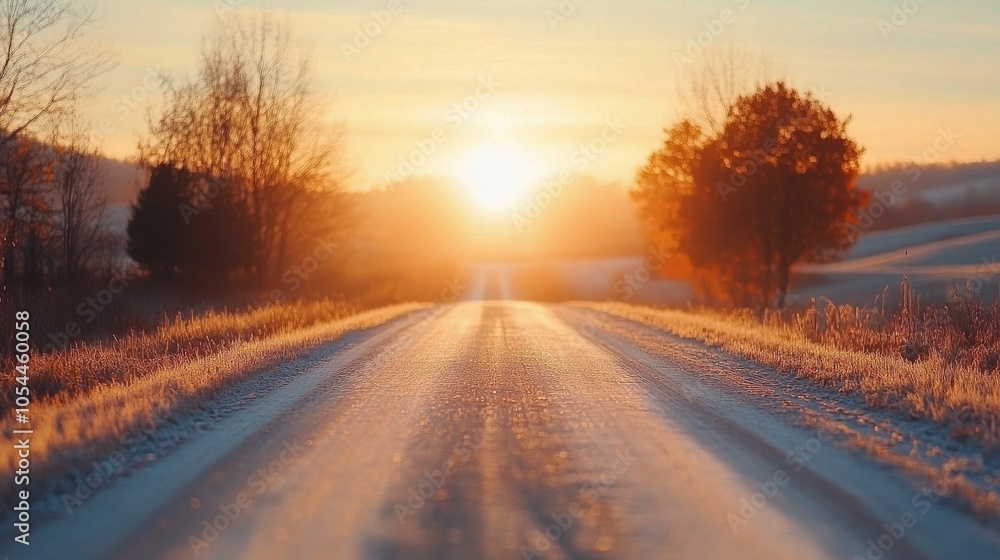 Serene morning landscape with a foggy road and bare trees at sunrise in a tranquil setting Serene morning landscape with a foggy road and bare trees at sunrise in a tranquil setting