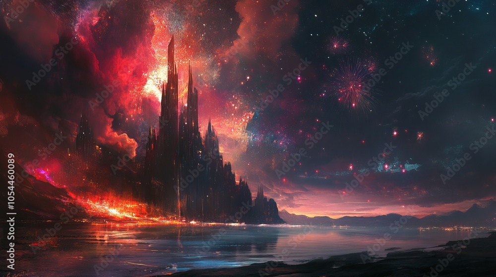 Stunning fireworks burst against the velvety night, painting the sky with vibrant hues. Stunning fireworks burst against the velvety night, painting the sky with vibrant hues.