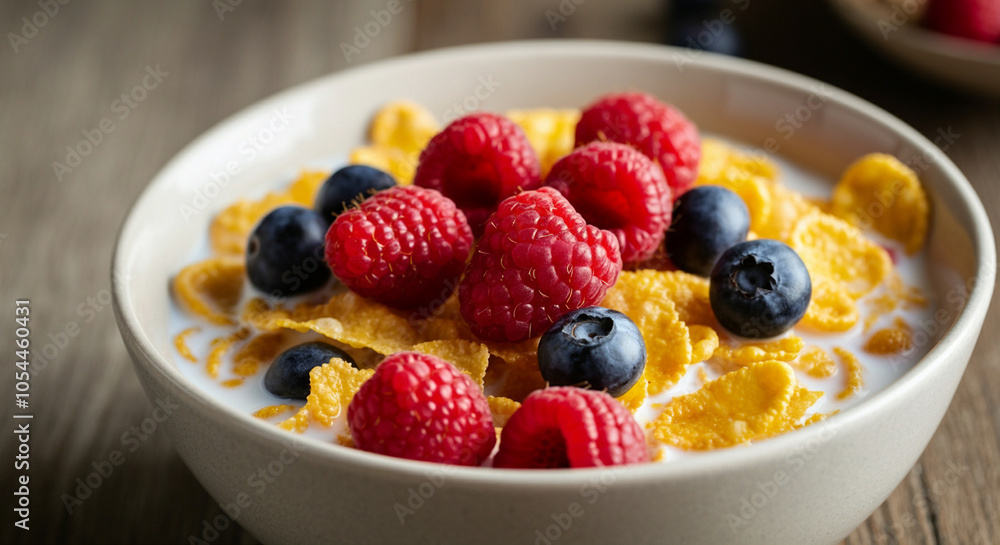Bowl of cereal with fresh raspberries and blueberries for a healthy breakfast experience Bowl of cereal with fresh raspberries and blueberries for a healthy breakfast experience