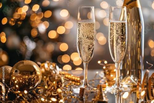 Two champagne glasses with gold decorations, shimmering lights in the background.