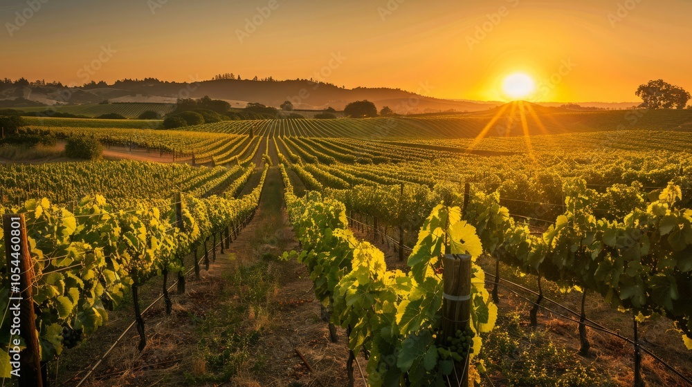 Fototapeta premium Sun setting over a vineyard with rows of grapevines, showcasing agricultural beauty and evening light