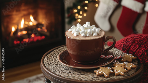 Wallpaper Mural Cup of hot chocolate topped with marshmallows, sitting on a small table by a fireplace. Gingerbread cookies and candy canes. Christmas vibes Torontodigital.ca
