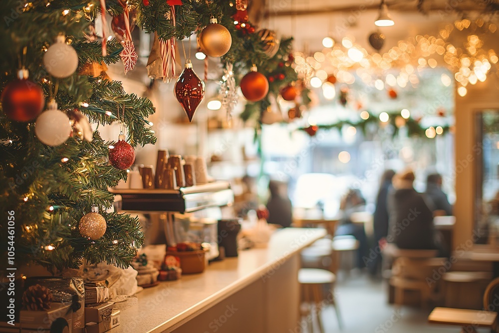Obraz premium Cozy cafe interior adorned with festive Christmas decor