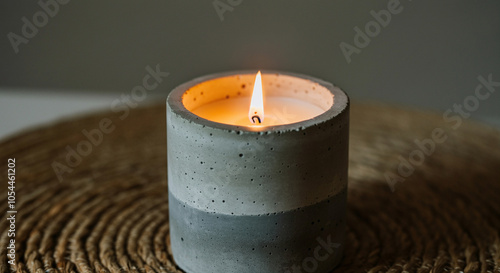 Candle decor with glowing flame on woven table mat for home ambiance and relaxation photo