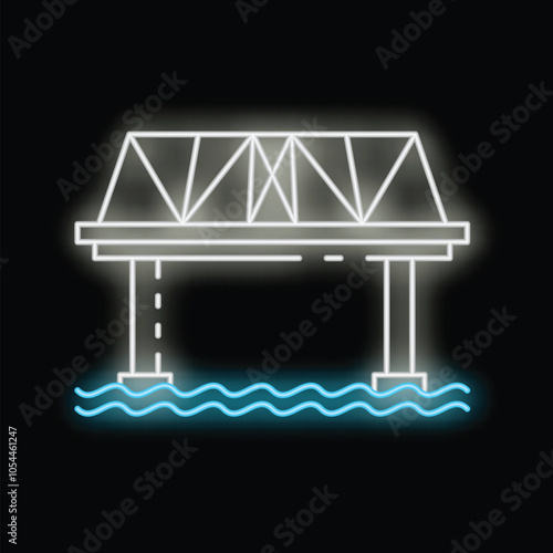 Neon style icon of bridge spanning water with glowing support beams