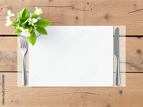 A beautiful table setting with a clean placemat, silverware, and a fresh flower centerpiece on a rustic wooden table