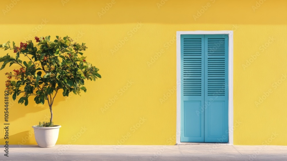Bright yellow wall with blue door and potted plant in urban setting during daylight hours Bright yellow wall with blue door and potted plant in urban setting during daylight hours