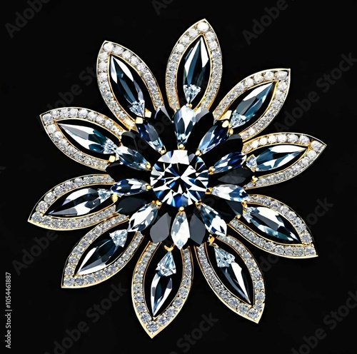 Design of gold jewelry in the shape of a flower with precious stones on a black background