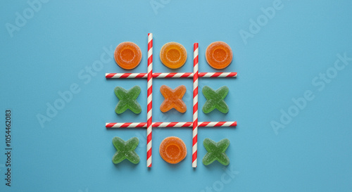 Candy game with colorful candies and tic tac toe design on blue background