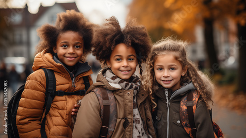 Happy friends students are going to school, concept of education