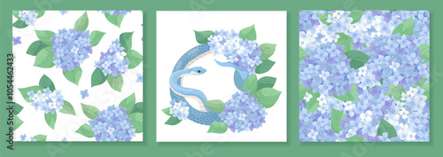 Snake with summer inflorescences hydrangea. Floral delicate continuous seamless pattern. Set of design seamless patterns and composition for print on textile, tee, card, flyer, banner