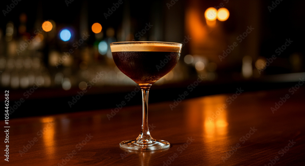 Cocktail glass with dark drink in a bar setting during night Cocktail glass with dark drink in a bar setting during night