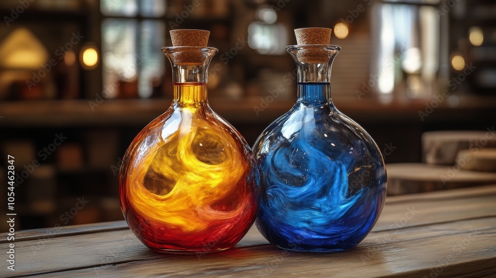 Colorful glass bottles with vibrant liquids on wooden table in warm ambient light Colorful glass bottles with vibrant liquids on wooden table in warm ambient light