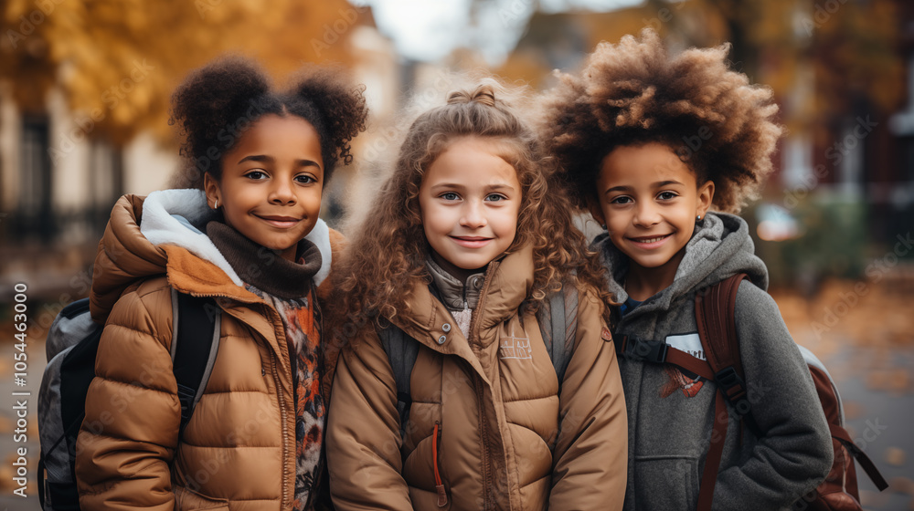 Happy friends students are going to school, concept of education Happy friends students are going to school, concept of education